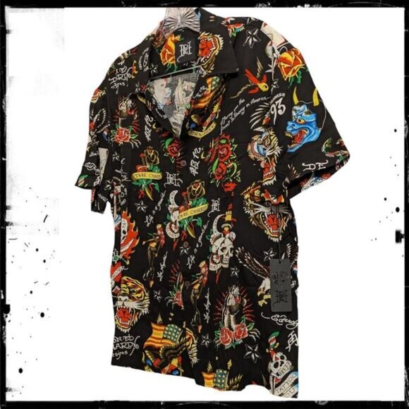 New ED HARDY AOP Black Flashboard Camp Button Up Shirt Skull Lion Tattoo Men M - Picture 2 of 9